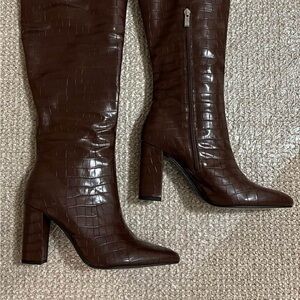 Elegant Brown Croc-Embossed Knee-High Boots